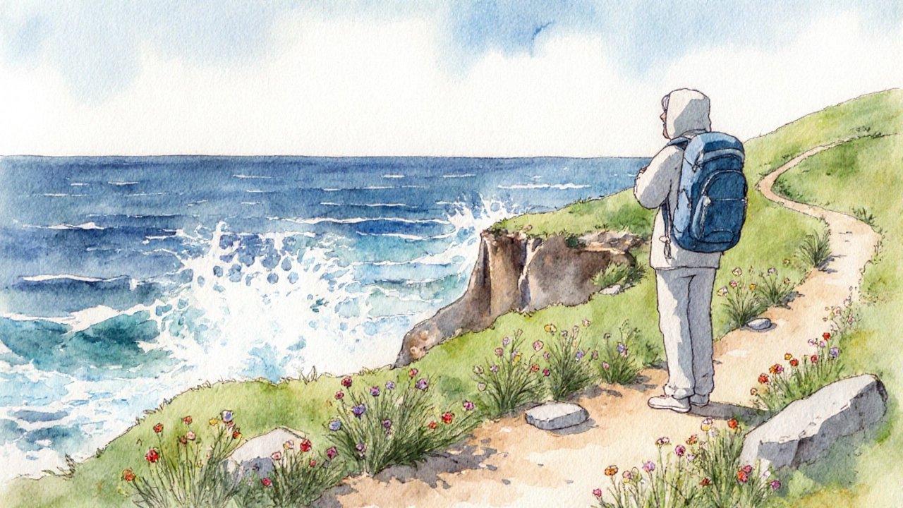 Человек стоит на скале у моря во Владивостоке, смотрит на волны, за спиной — извилистая тропа через цветы.