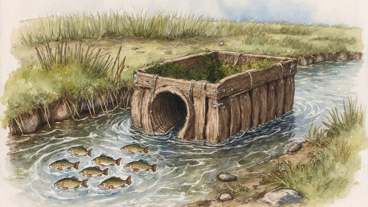 Деревянная ловушка‑корзина в мутной воде, к ней подплывают рыбы.