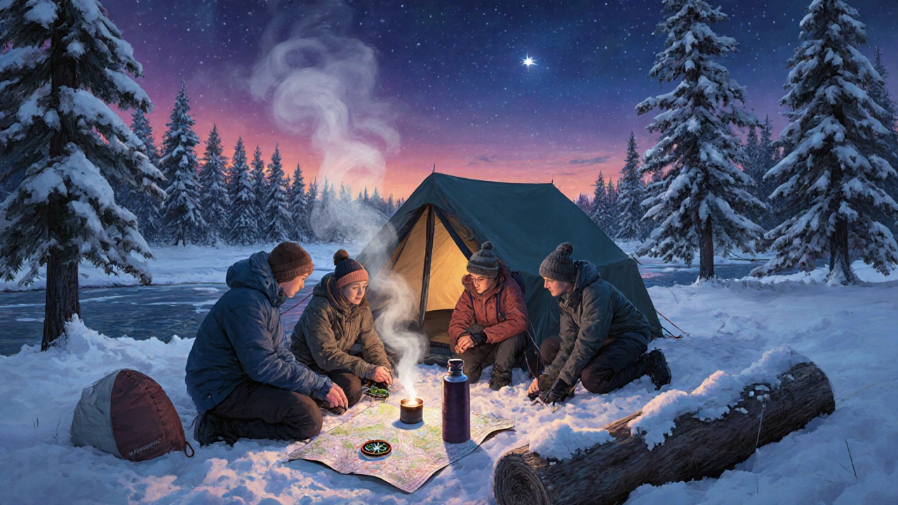 Группа туристов устанавливает палатку у замерзшей реки в тайге, под звездным небом, с картой и термосом.