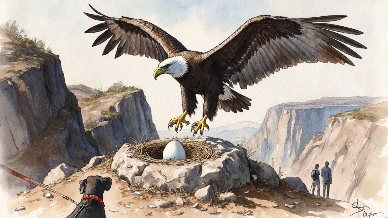 Калифорнийский кондор над гнездом, внизу — собака на поводке, птица в напряжении.