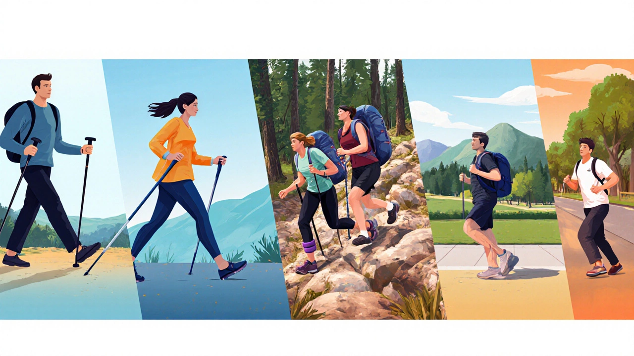 Пять человек демонстрируют разные виды ходьбы: Nordic Walking, силовая, трекинг, интервальная и обычная прогулка.