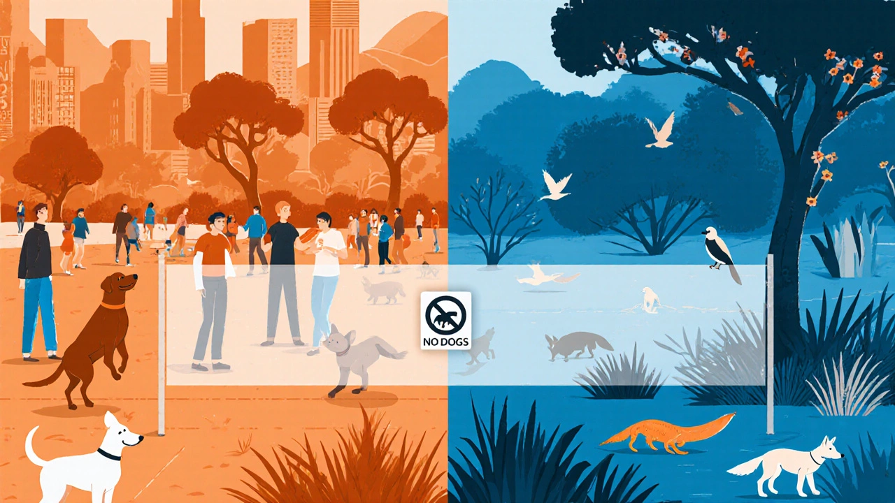 Разделённый пейзаж: городской парк с собаками слева и дикая природа — справа.