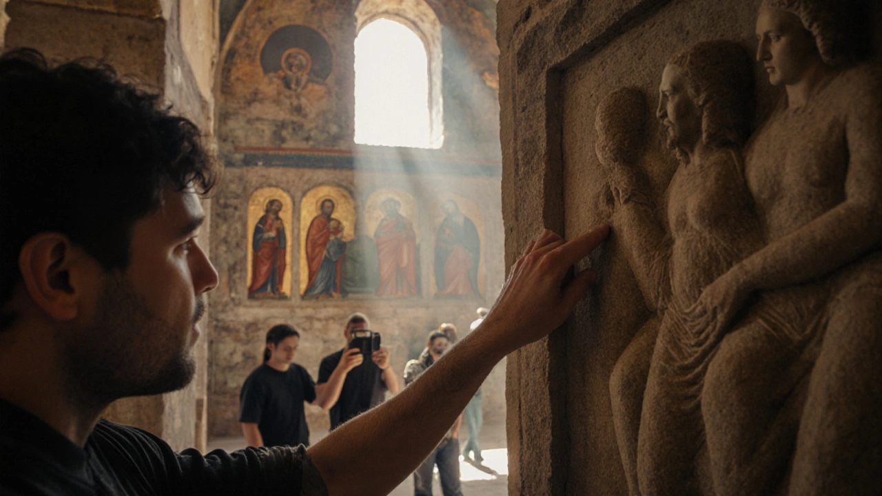 Археолог-гид объясняет детали древнего каменного резьбы в грузинском монастыре небольшой группе посетителей.