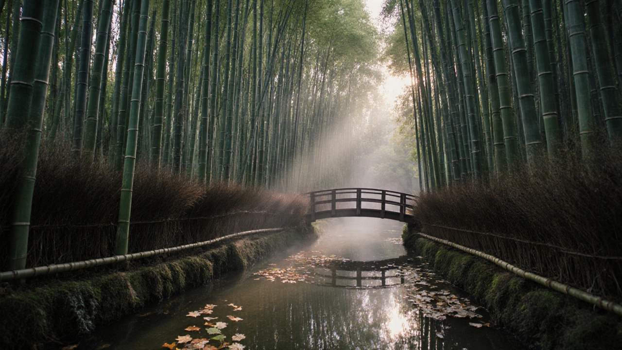 Бамбуковая роща Арашияма в Японии у рассвета с туманом и прудом.