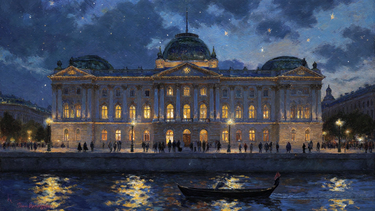 Эрмитаж в сумерках: посетители гуляют по набережной, лодка плывёт по Неве.