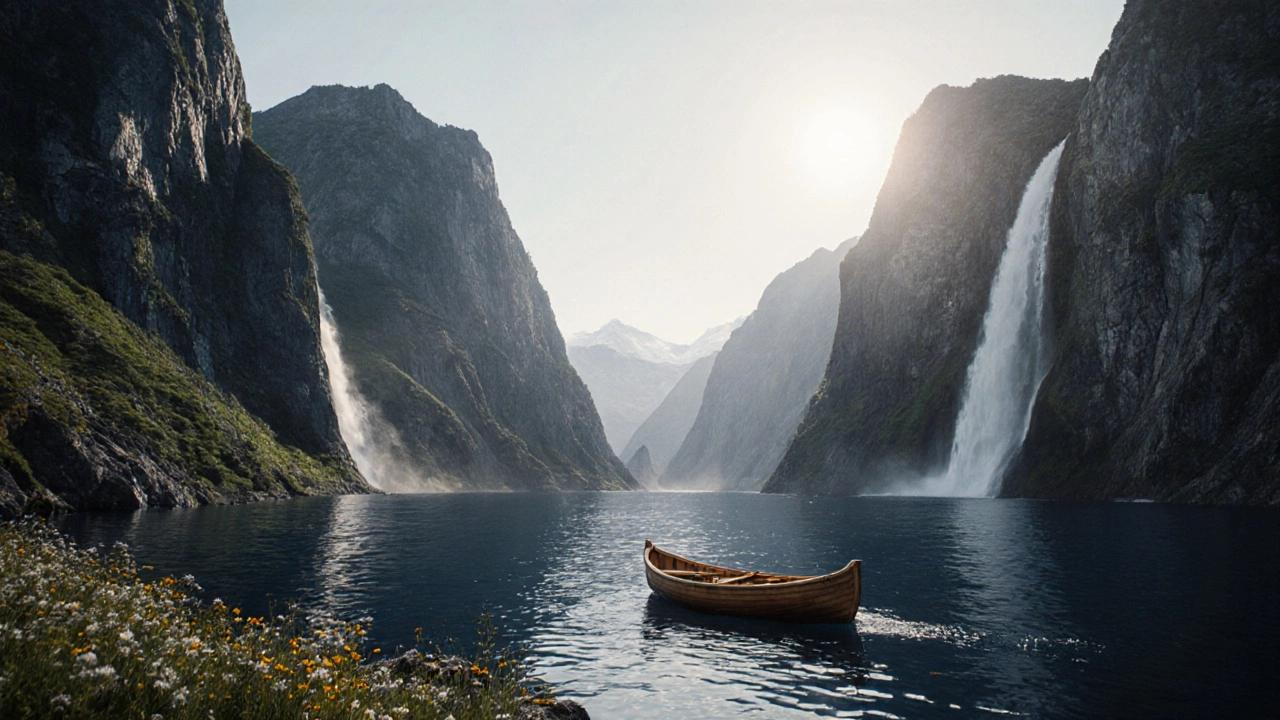 Фьорд Гейрангер в Норвегии с водопадами и лодкой при полуночном солнце.