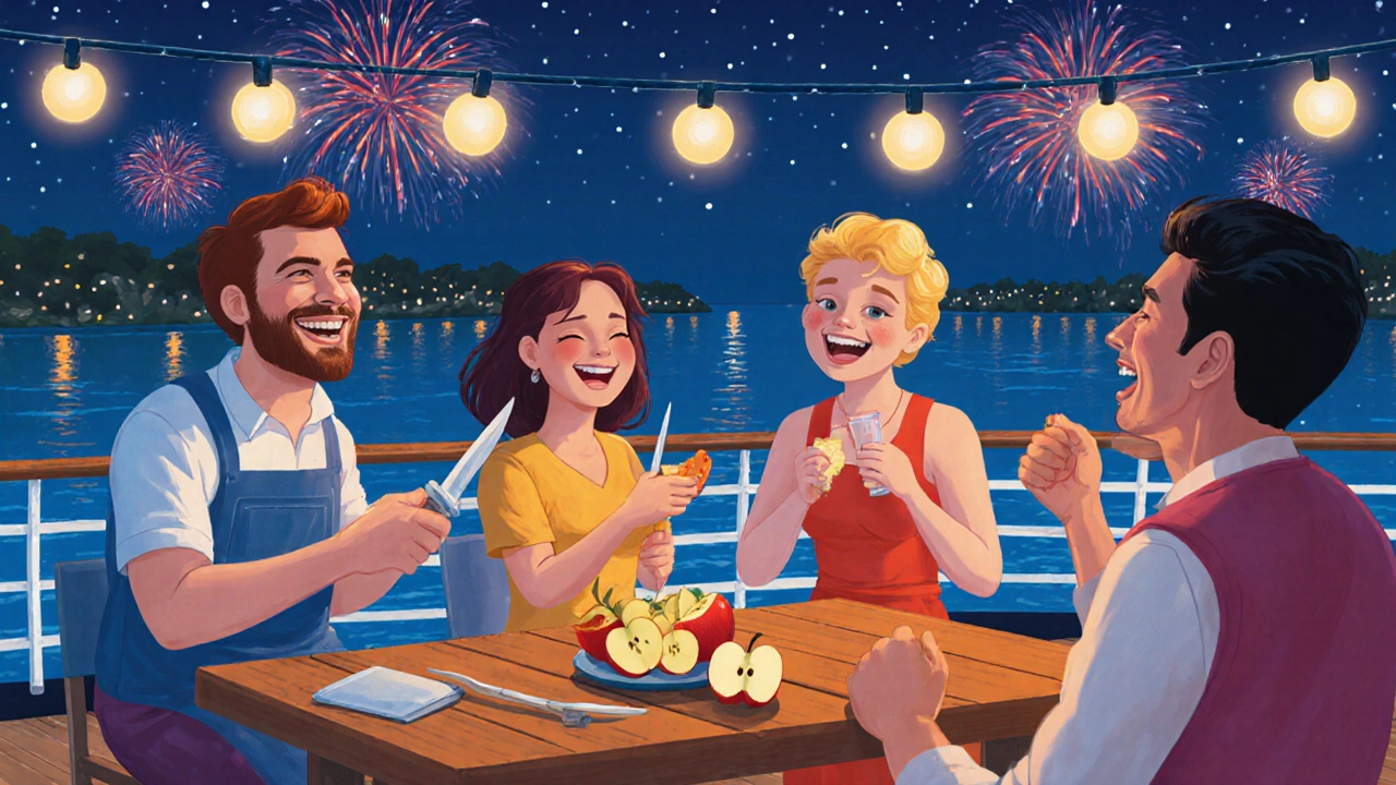 Гости на палубе круизного судна наслаждаются нарезанными фруктами во время карнавала, на столе лежит одноразовый пластиковый нож.