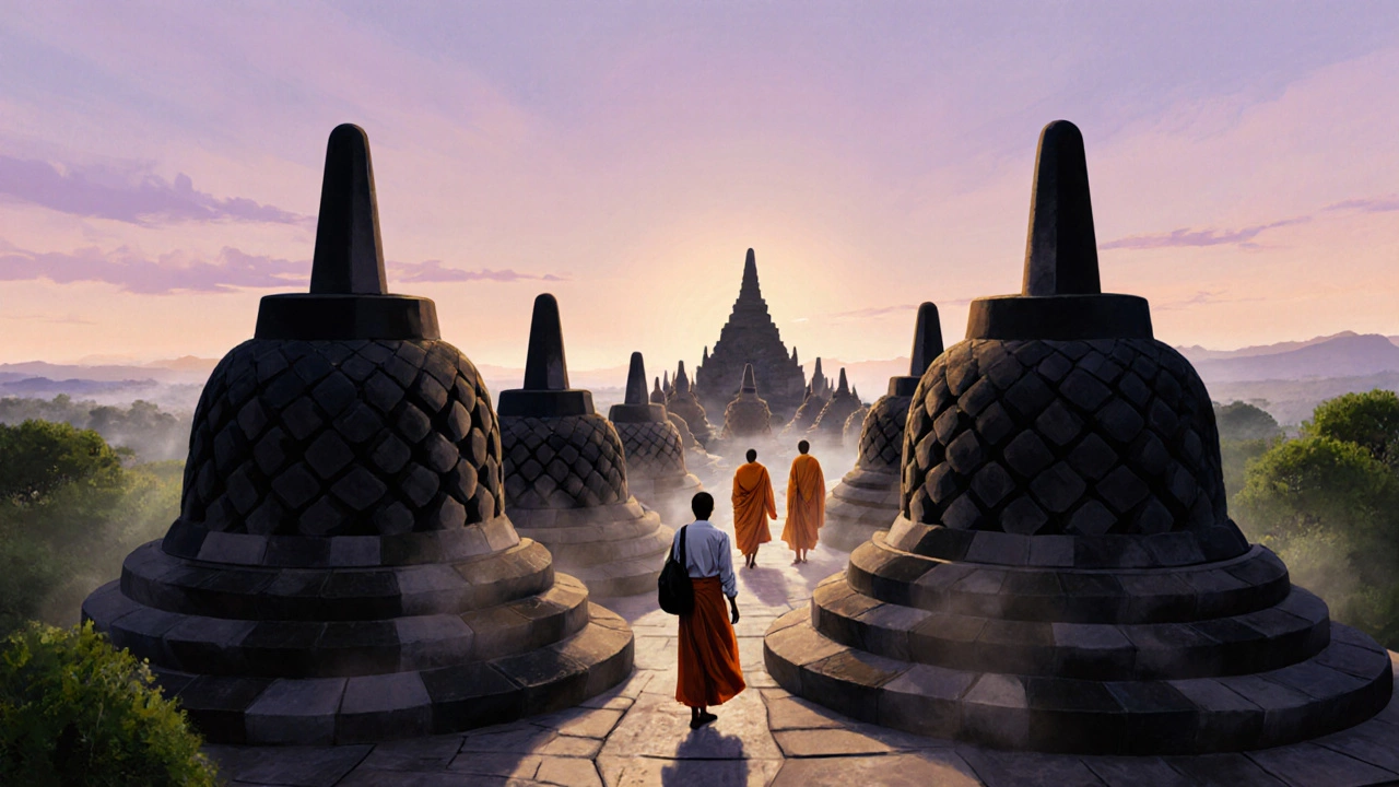 Храм Боробудур на рассвете, Ява, Индонезия: одинокий путешественник среди древних ступ, туман и монахи в оранжевых рясах.