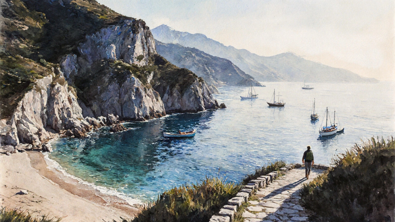 Каменистый пляж в Черногории с горами и лодками на фоне заката.