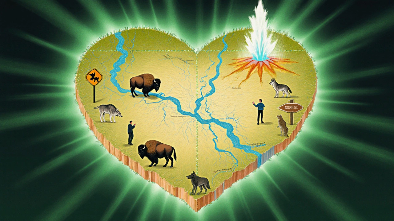 Карта Йеллоустона в форме сердца, наполненная дикой природой и людьми в благоговении.