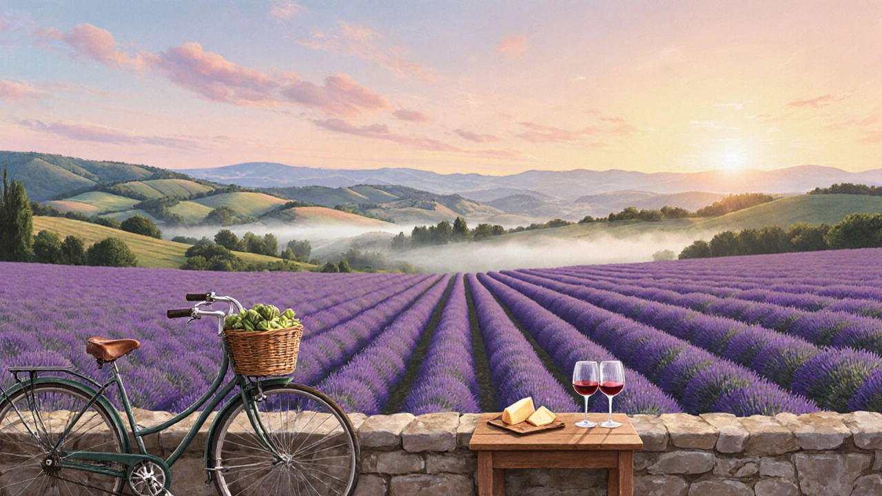 Лавандовые поля Прованса на рассвете, велосипед и корзина с сыром на каменной стене.