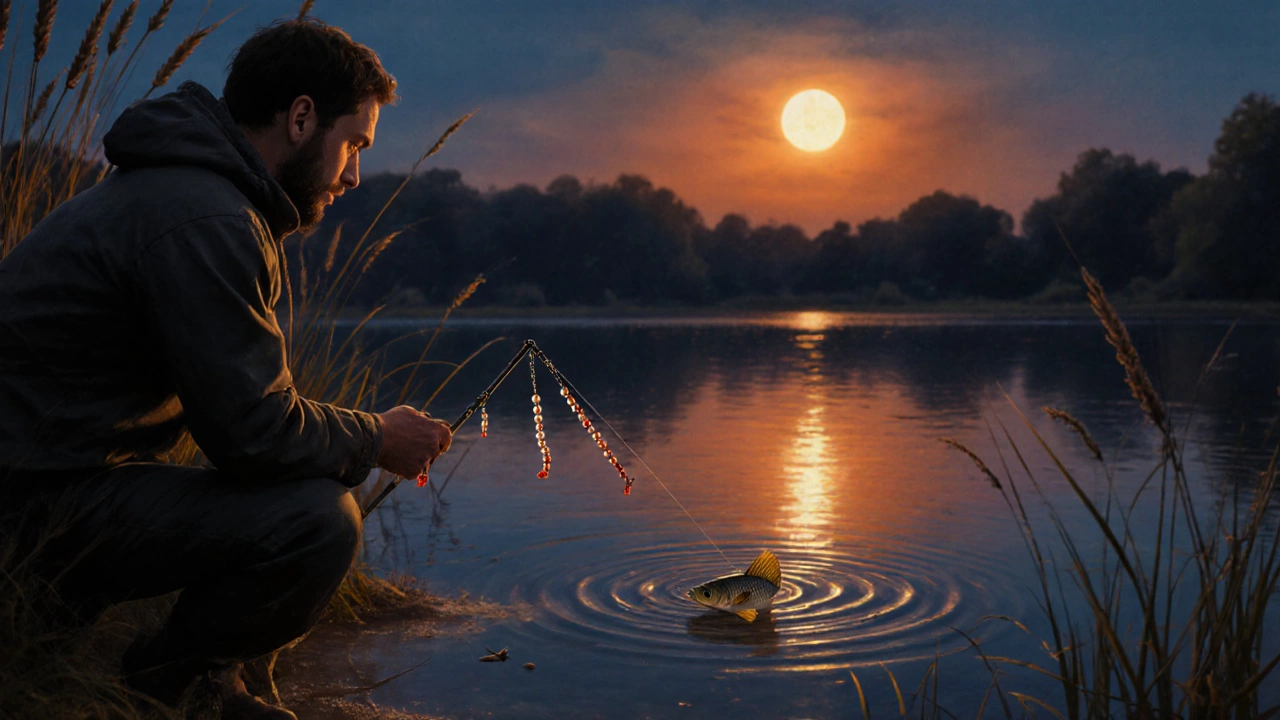 Ловля леща на патерностер в тихой воде вечером осенью.