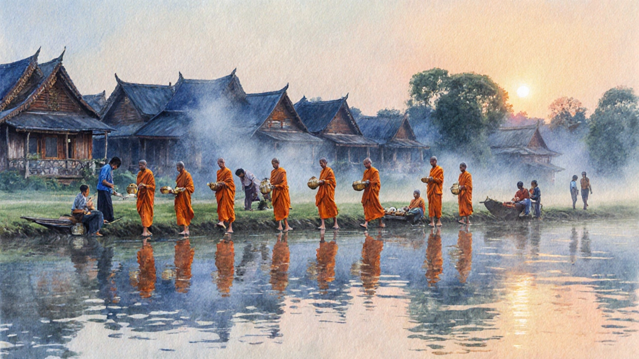 Монахи в Луанг Прабанге, Лаос: идут по берегу Меконга на рассвете, получая подаяния, туман над рекой и деревянные дома.