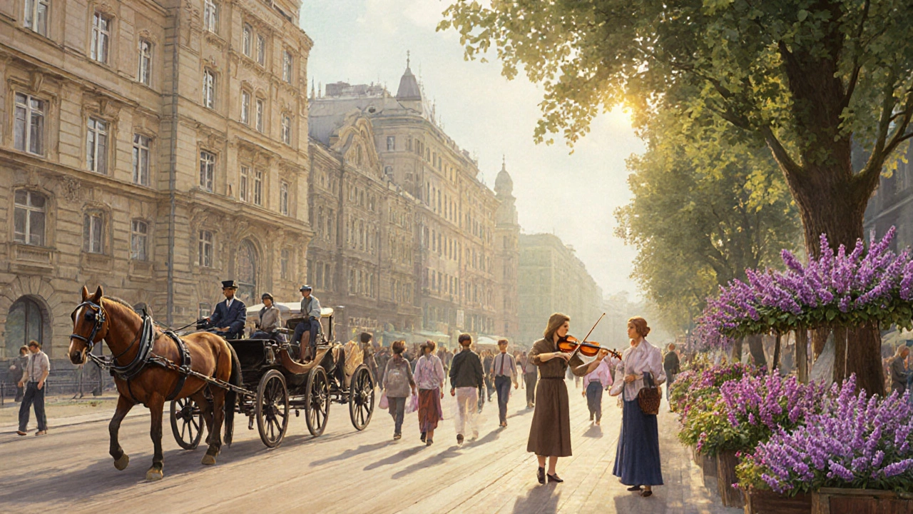 Невский проспект летом: люди, музыка, пирожки и цветущие липы в винтажном стиле.