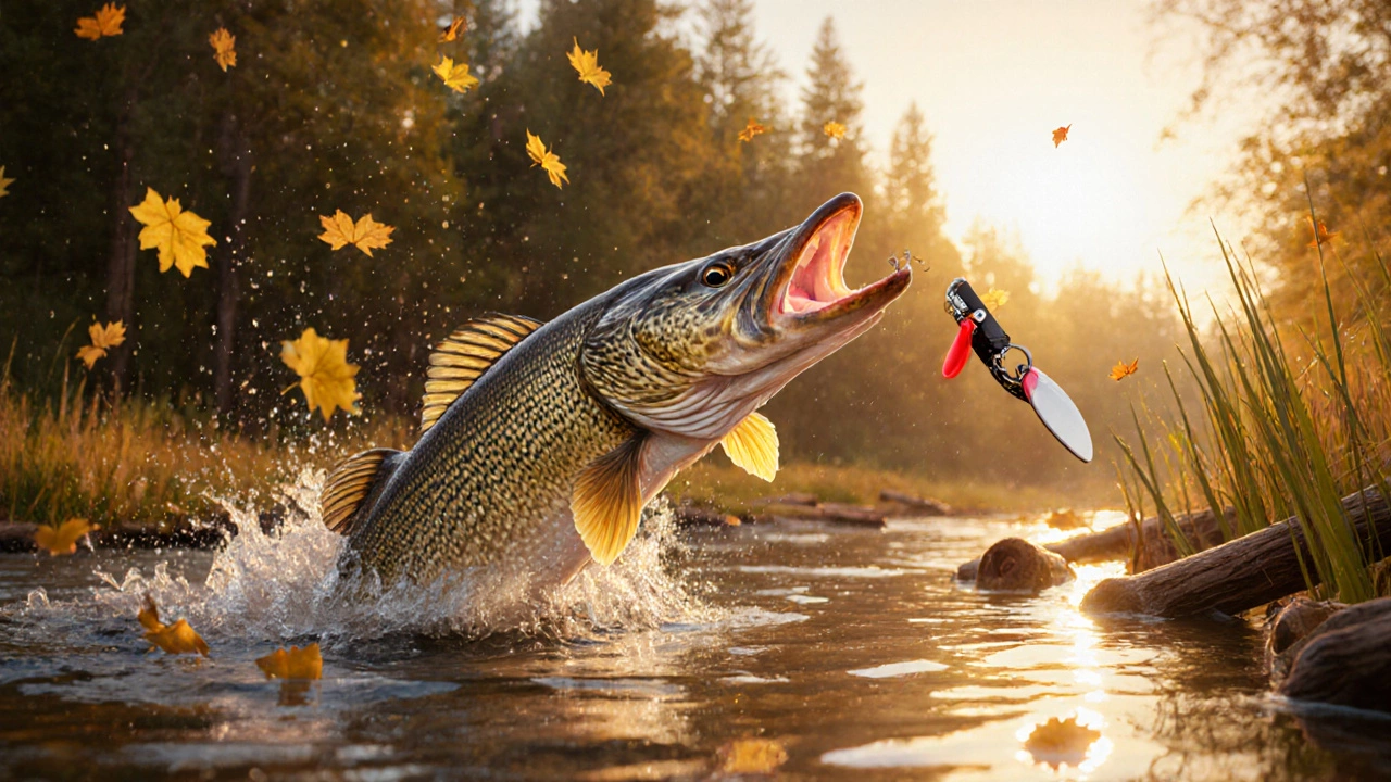 Огромная щука прыгает из воды, хватая блесну в золотой осенний день.