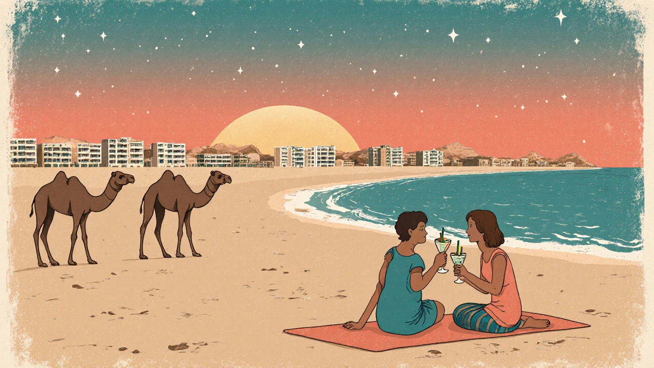 Пара на закате в Хургаде, Египет, с верблюдами и отелями на берегу.