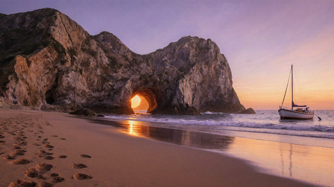 Побережье Алгарве в Португалии с пещерой и пустым пляжем на закате.