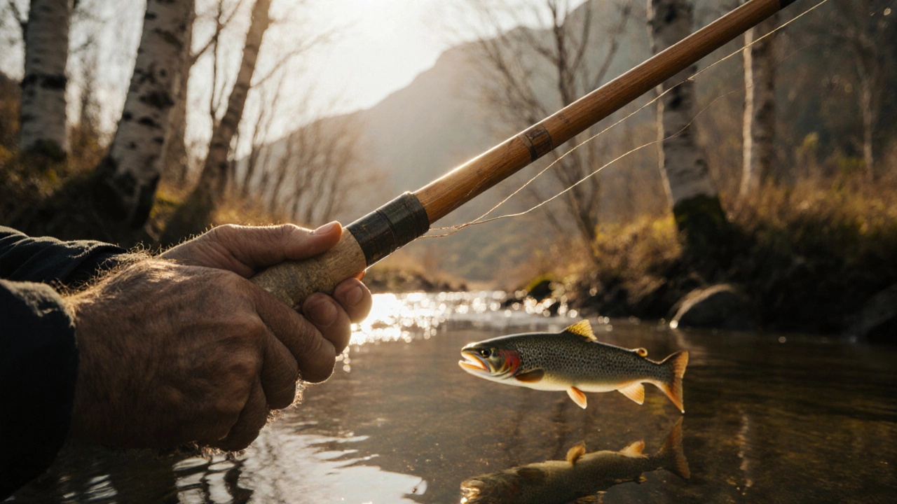 Руки держат бамбуковую удочку в сибирской речке с отражением форели в воде.