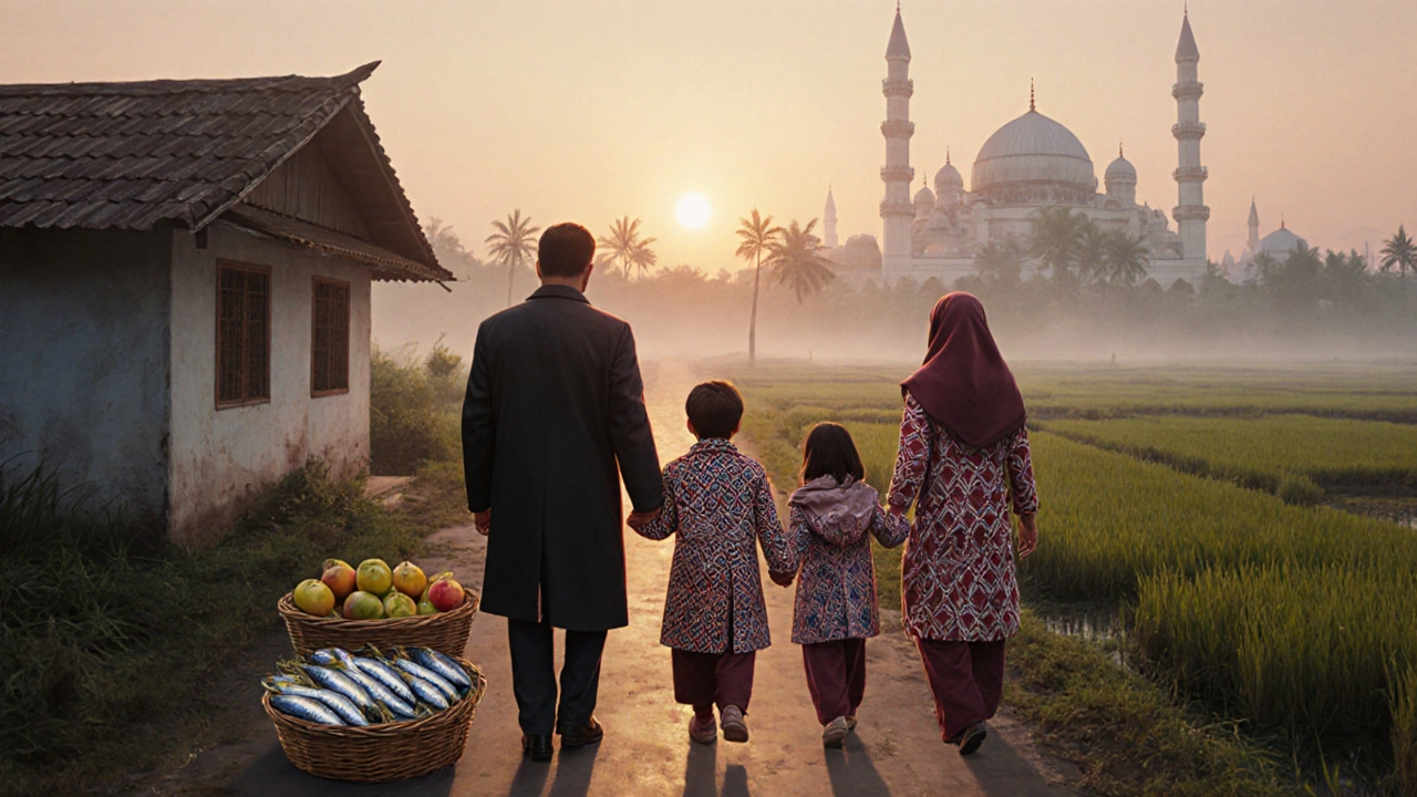 Русская семья гуляет с малайзийским соседом по деревне, символизируя культурное единство.