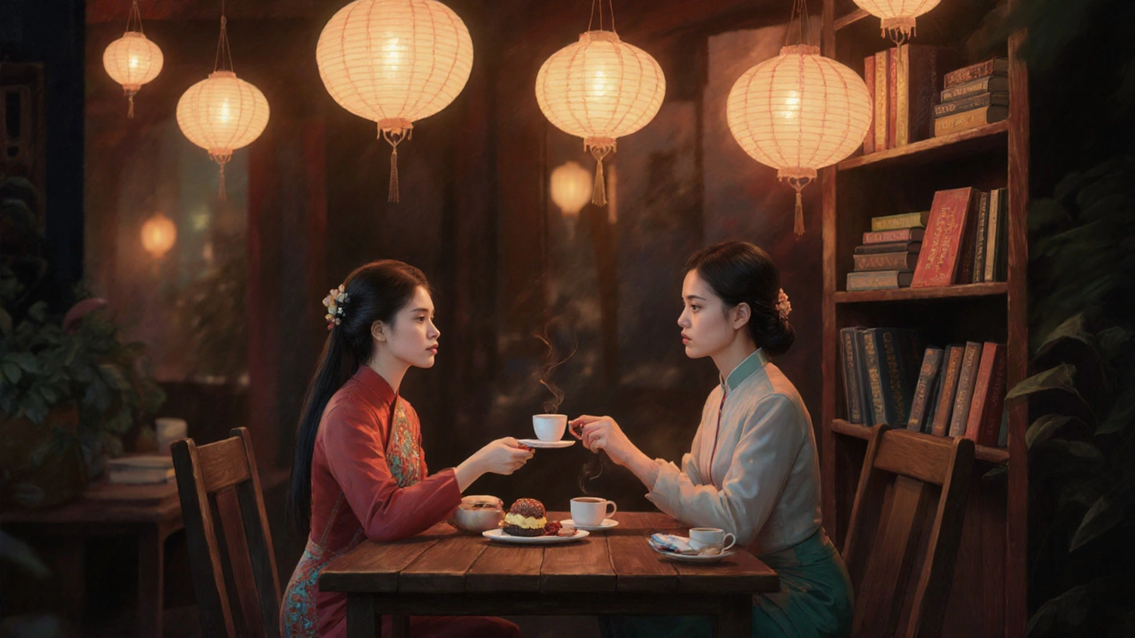 Русский путешественник в вьетнамской кофейне получает десерт от местного хозяина в тихой атмосфере.