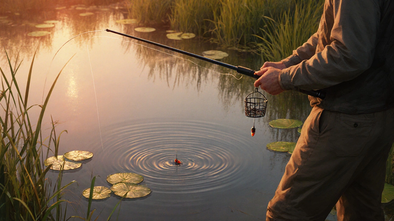 Рыбак ловит на пикер в заросшем пруду, легкая кормушка опускается в воду.