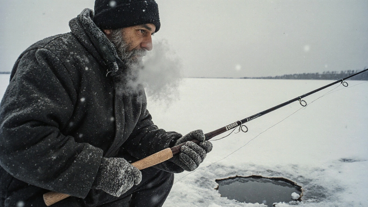 Рыбак в СССР держит деревянную удочку &#039;Ладога&#039; на ледяном берегу озера.