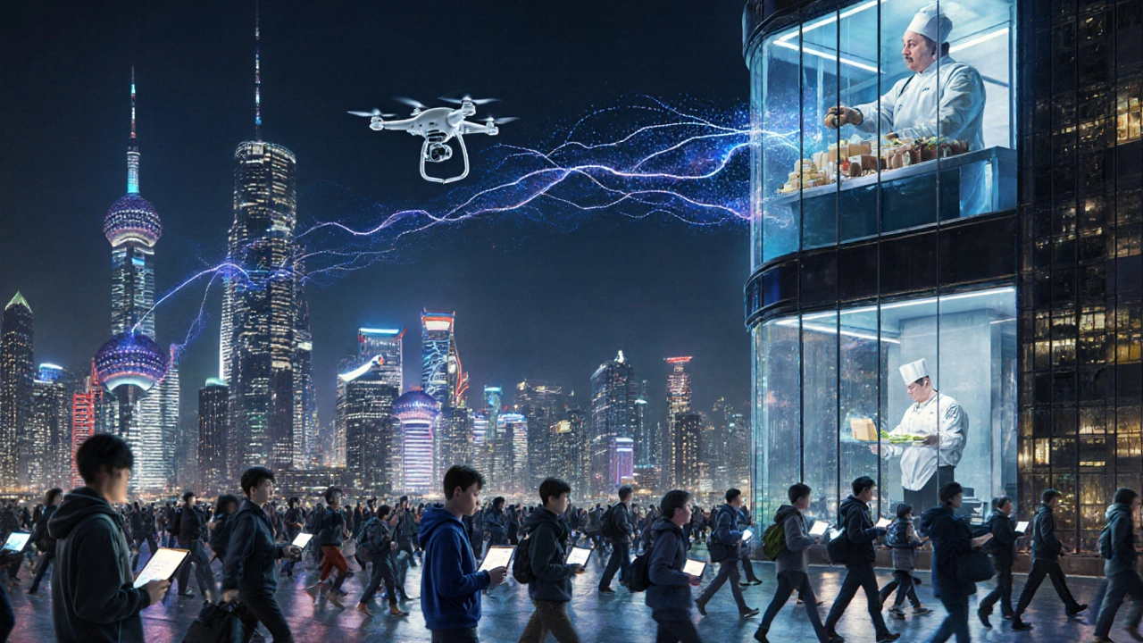 Шанхай: ночной финансовый район с дронами, роботами и молодыми специалистами с ноутбуками.