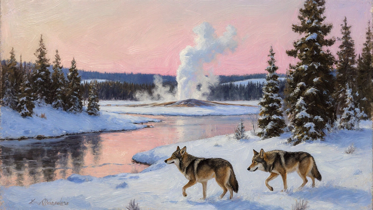 Серая стая волков идет по снежной долине Йеллоустона на рассвете.