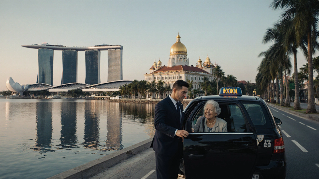 Сингапур: рассвет над Marina Bay Sands, чистые улицы, таксист помогает пожилой женщине.