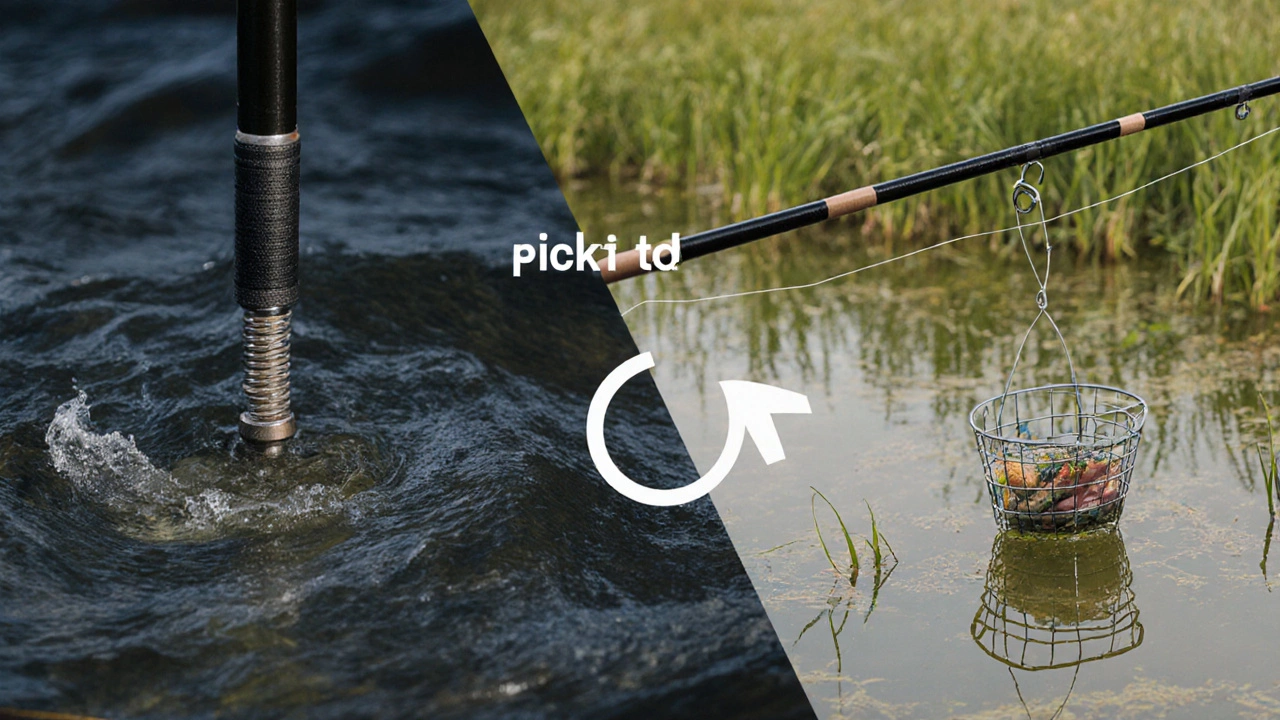 Сравнение фидера и пикера: тяжелый груз в реке и легкая кормушка в пруду.