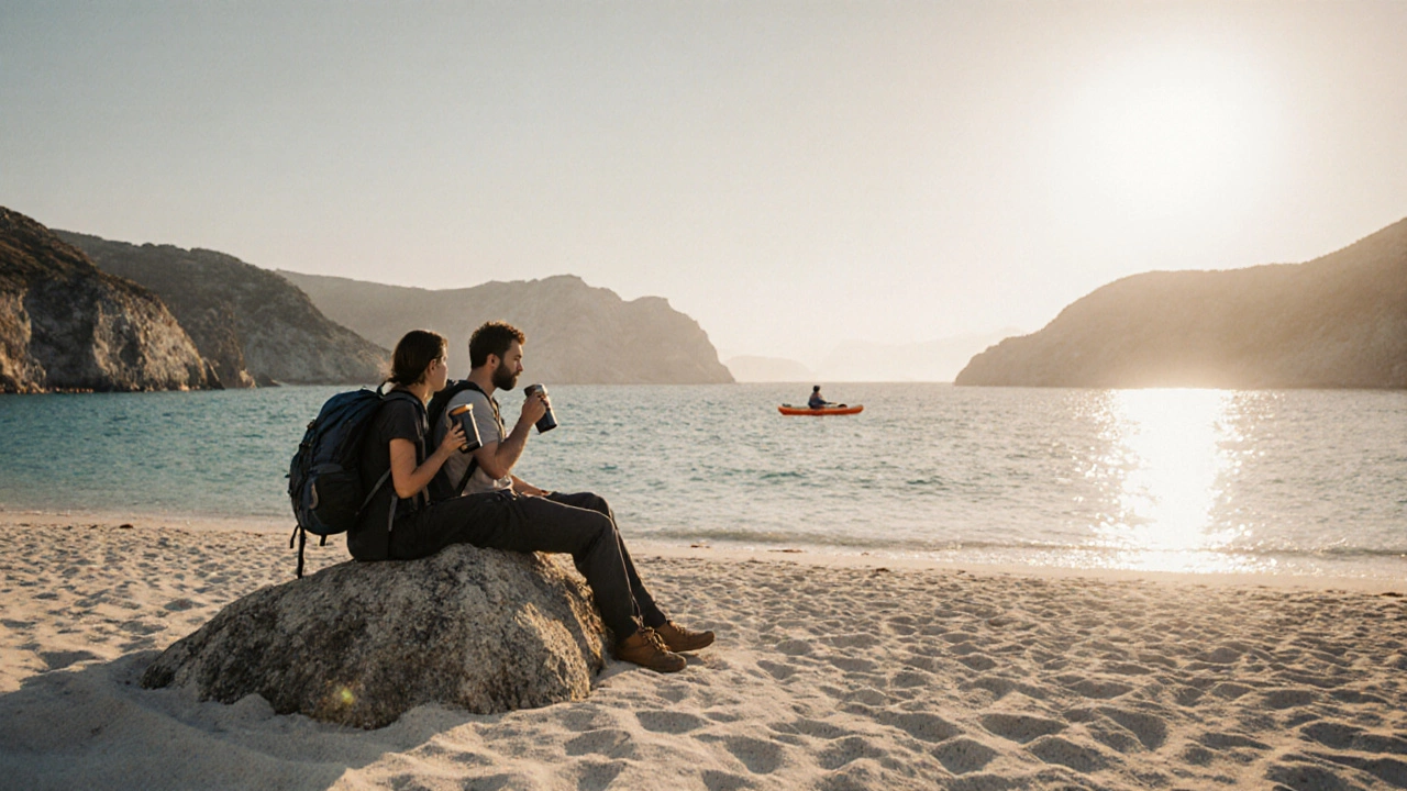 Уединенный пляж в Ксамиле, Албания: двое отдыхающих на камне при рассвете, чистая вода.