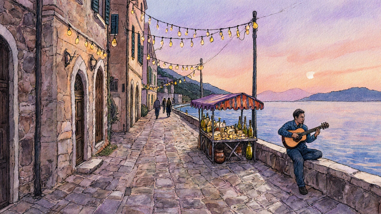 Улцинь, Черногория: узкие улочки, рынок с сыром и маслом, гитарист на набережной.