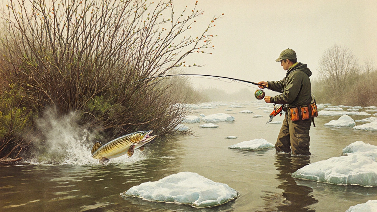 Весенняя рыбалка в апреле: щука атакует приманку у затопленного куста.