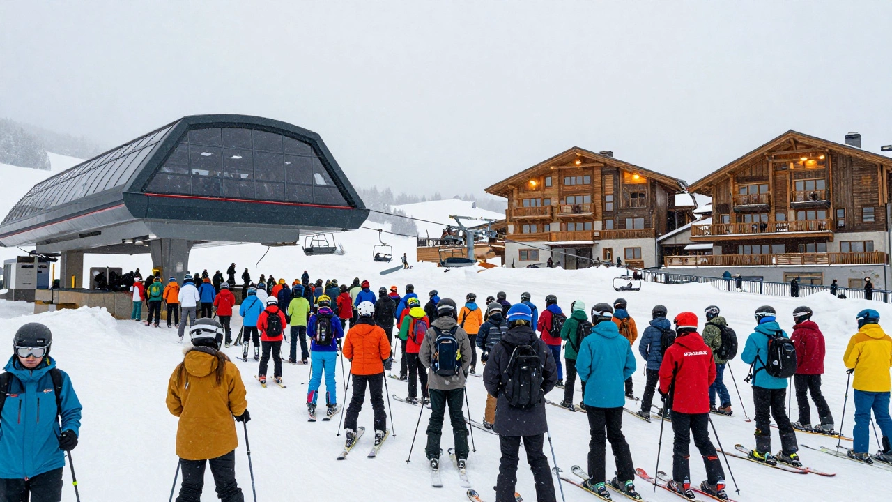 Длинная очередь у подъёмника в пиковый сезон, с людьми в яркой одежде и уютными шале на фоне.
