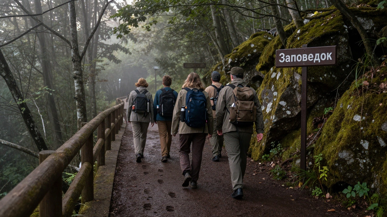 Группа туристов идёт по лесной тропе под руководством гида на рассвете, вокруг — туман, мох и следы животных.