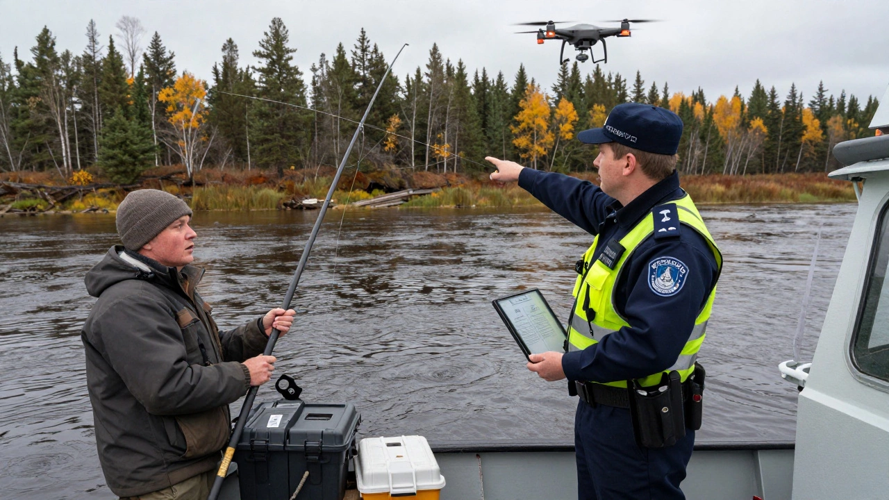 Инспектор Росрыболовства на патрульной лодке указывает на рыбака с двумя спиннингами.