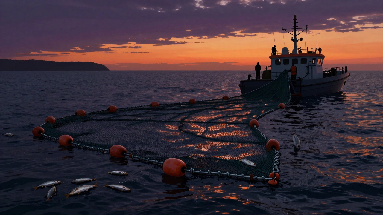 Инспектор вытаскивает огромную браконьерскую сеть из моря на закате.
