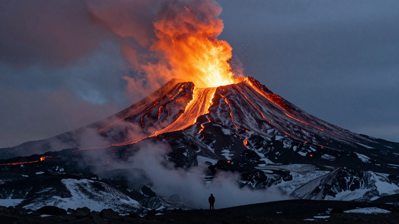 Извержение вулкана Ключевская Сопка на Камчатке с лавой и облаками пепла на закате.