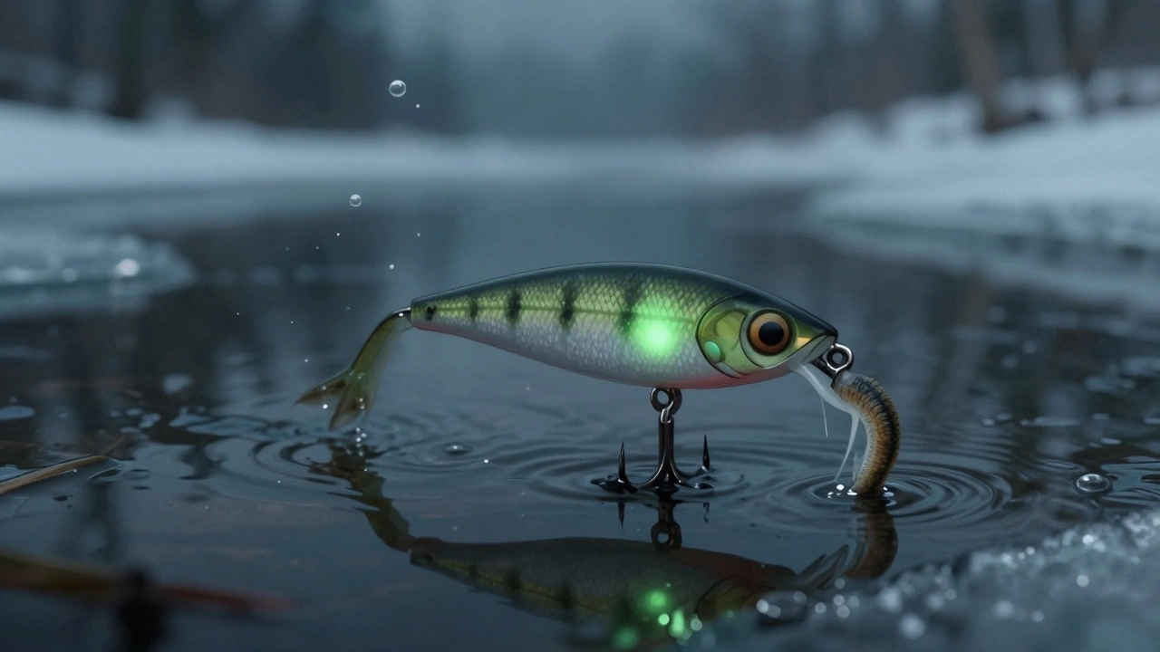 Маленькая блесна с мотылем и мягким свечением, висит над тёмной водой под льдом.