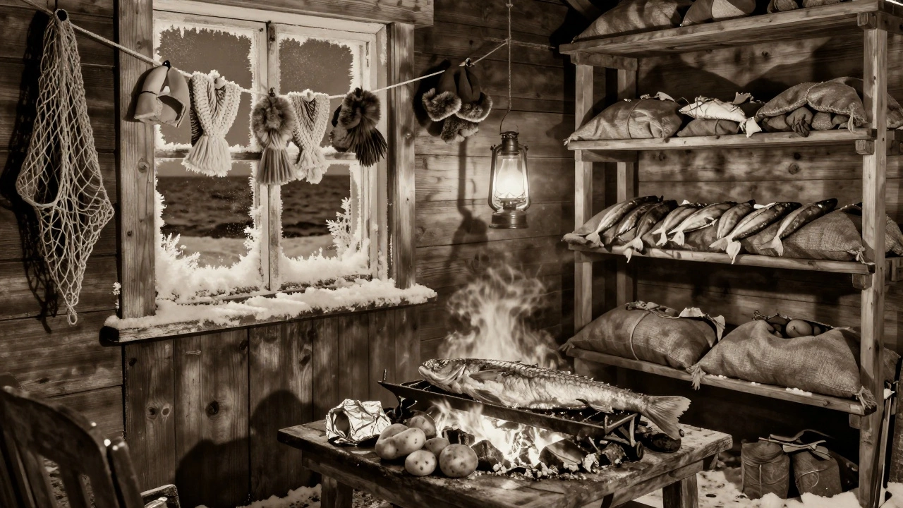 Мурманск: треска запекается в золе с картошкой в зимней рыбачьей избе, свет лампы на солёной рыбе.