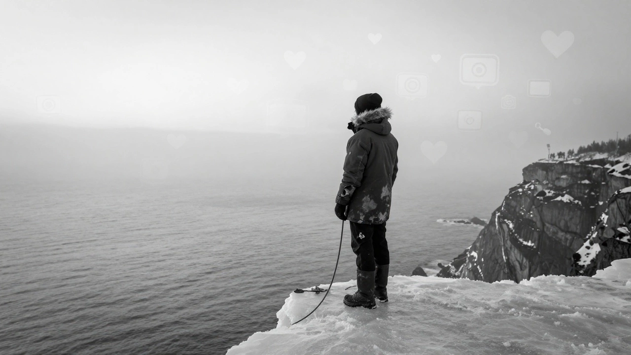 Одинокий человек на краю обрыва во Владивостоке, туман и волны за спиной