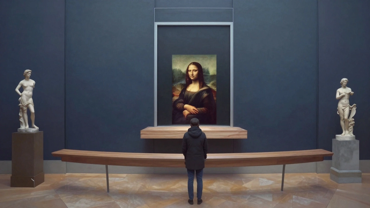 Одинокий посетитель в пустом Лувре перед Моной Лизой в январе.