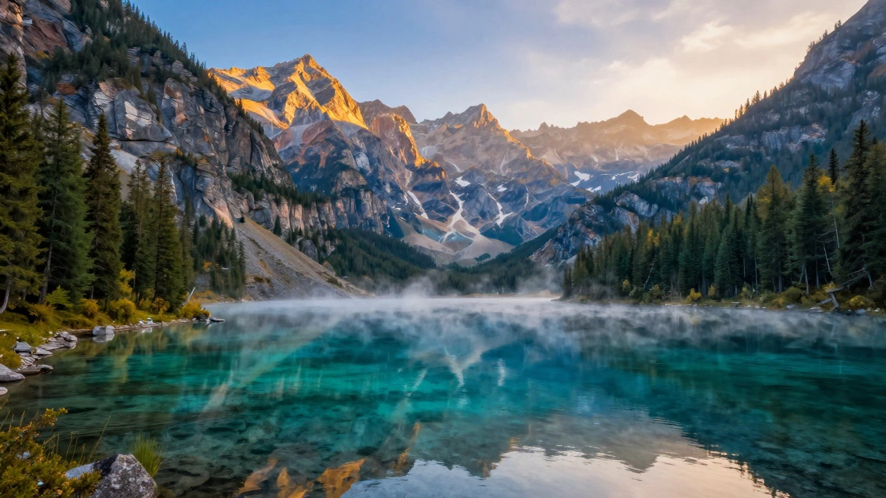 Озеро Телецкое в Алтае с прозрачной водой и горами, меняющими цвет от утра до полудня.