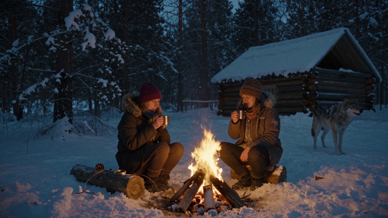 Пара отдыхает у костра в шалаше в тайге, пьёт чай под звёздами, без телефонов и технологий.