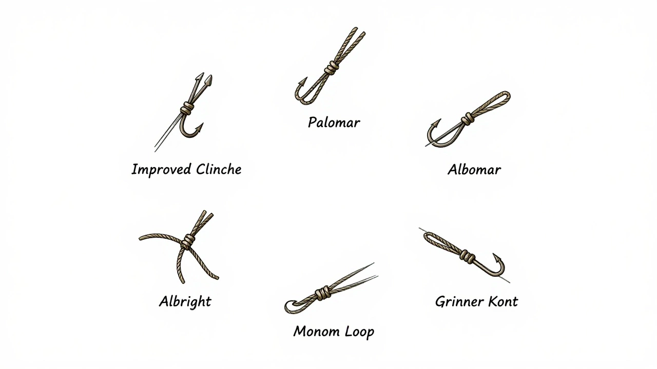 Пять надежных рыболовных узлов, изображенных в виде схематичных круговых композиций с различными типами лесок.