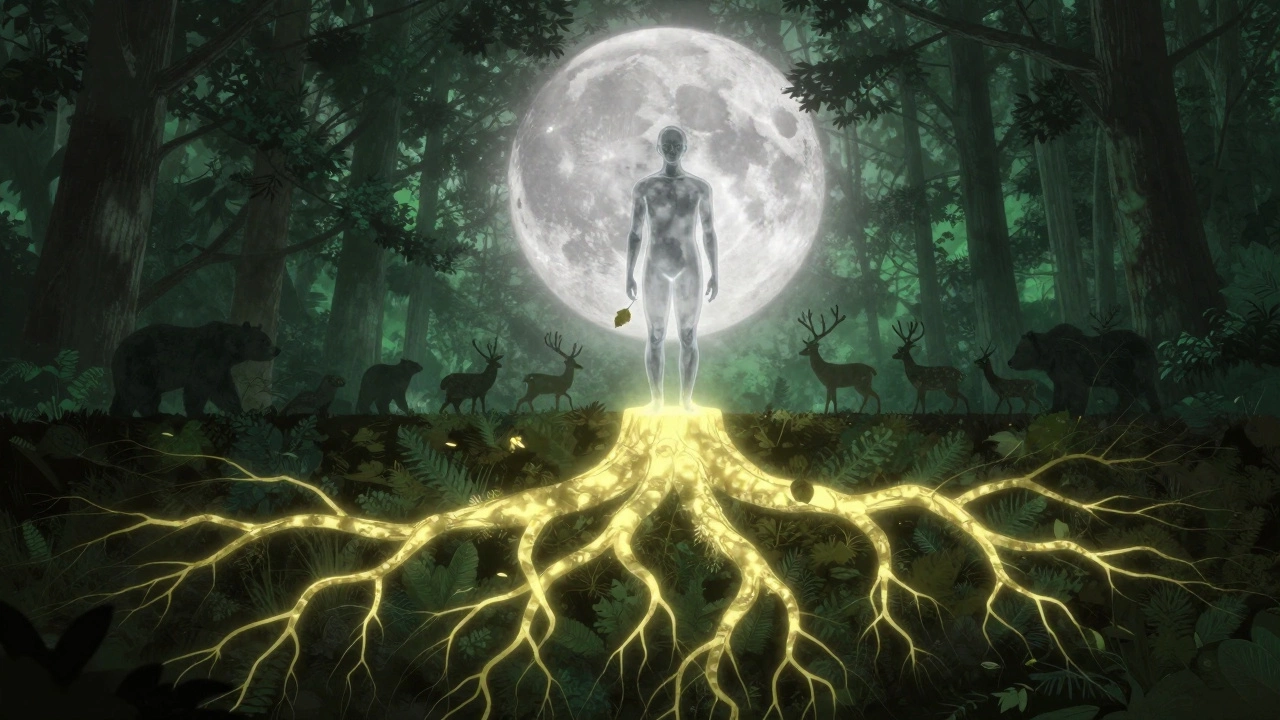 Прозрачная фигура человека стоит над корнями дерева, сквозь которые видны дикие животные — символ уважения к природе.