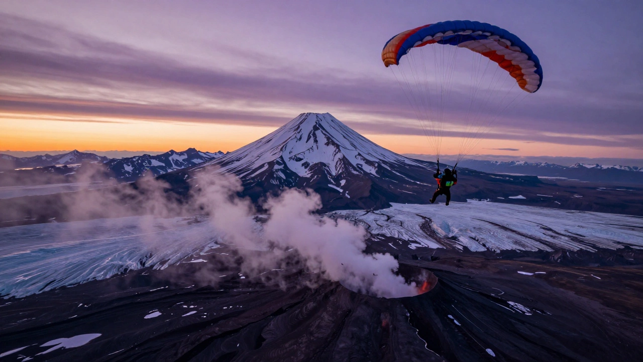 Прыжок с парашютом над вулканом Ключевская Сопка, два человека в свободном падении над ледниками.