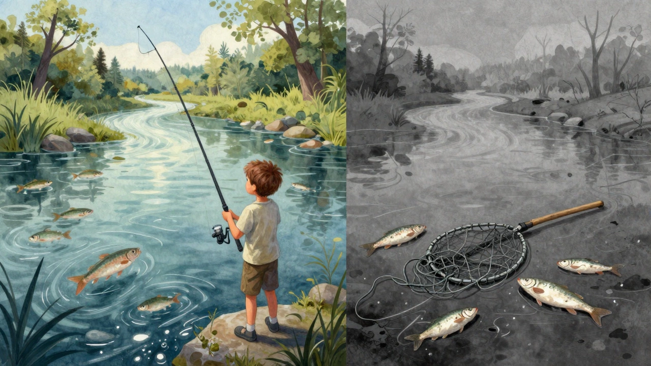 Разделённая сцена: легальная рыбалка с живой рекой против пустой, убитой сети.