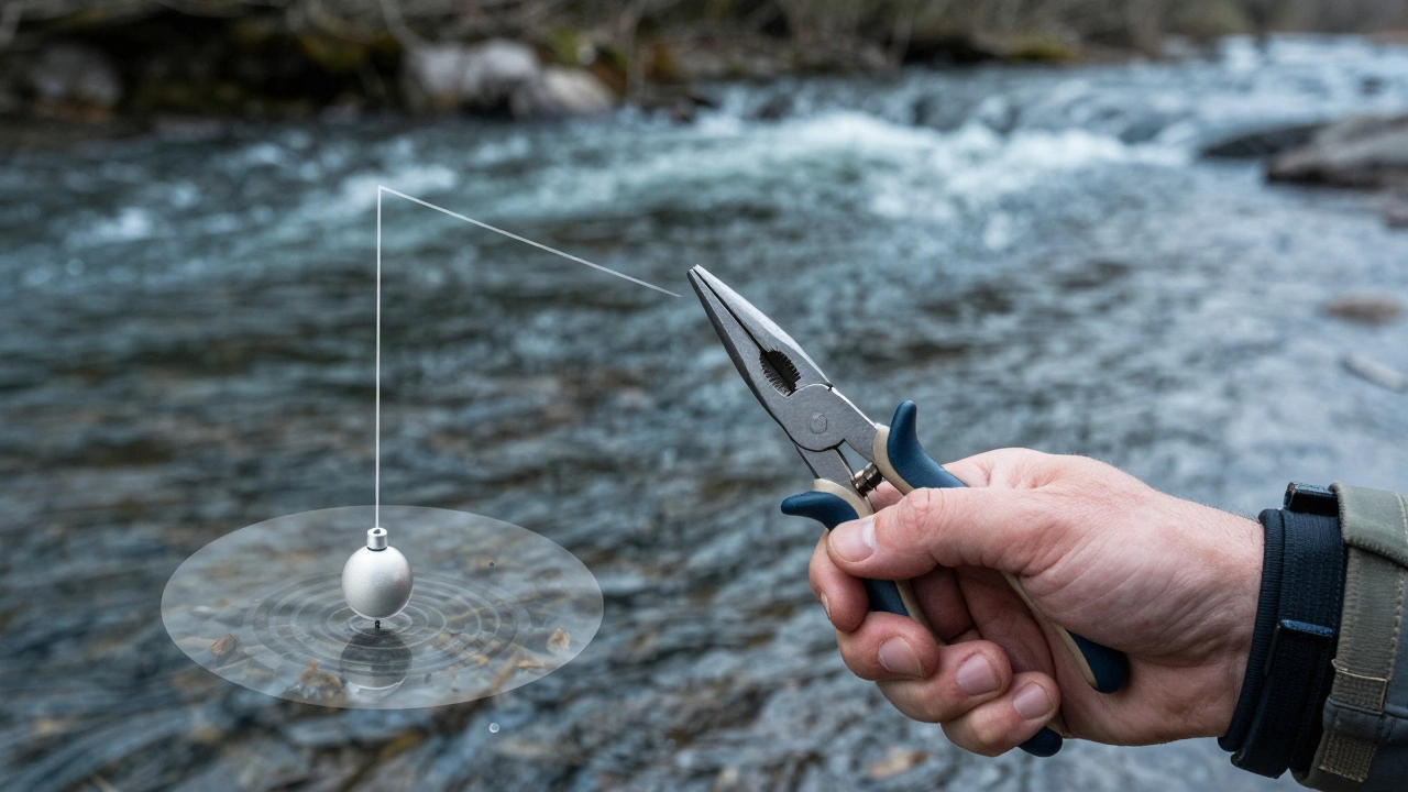 Рука рыбака держит клещи, с прозрачными схемами, показывающими, как грузило, поплавок и леска работают вместе.