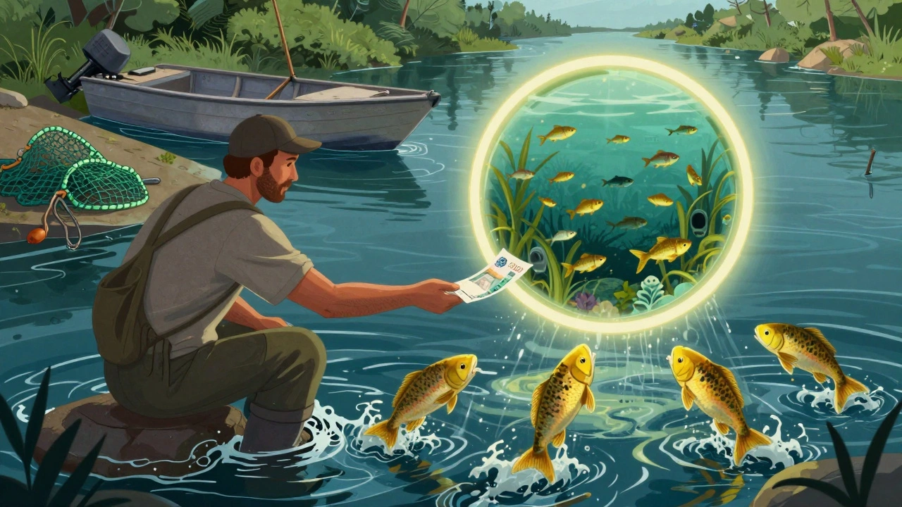 Рыбак отдаёт чек за разрешение реке, а вода оживает рыбами и чистыми нерестилищами.